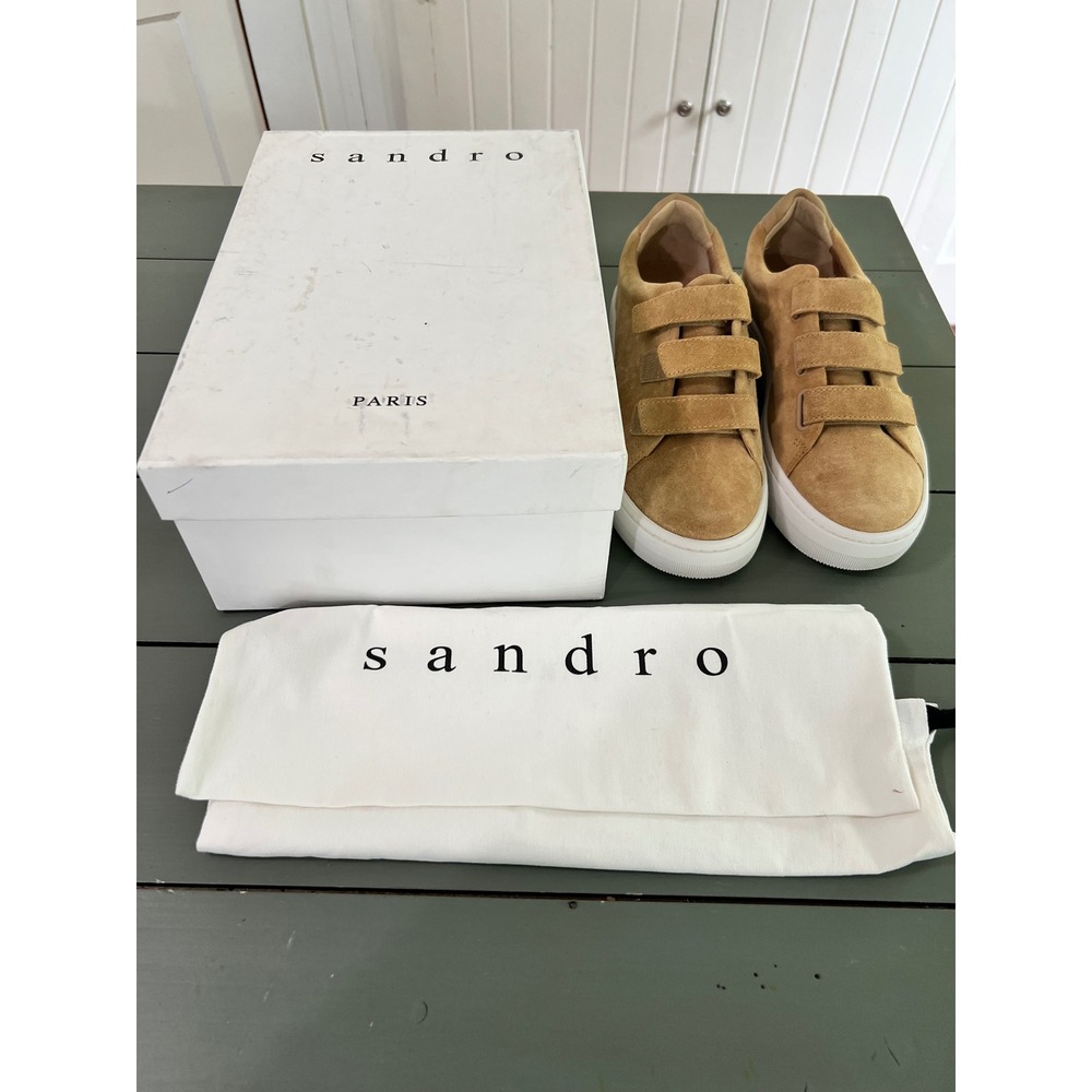 New in Box SANDRO Paris Women's Sneakers Suede Leather Mocha Cream Size 39 - Picture 13 of 14